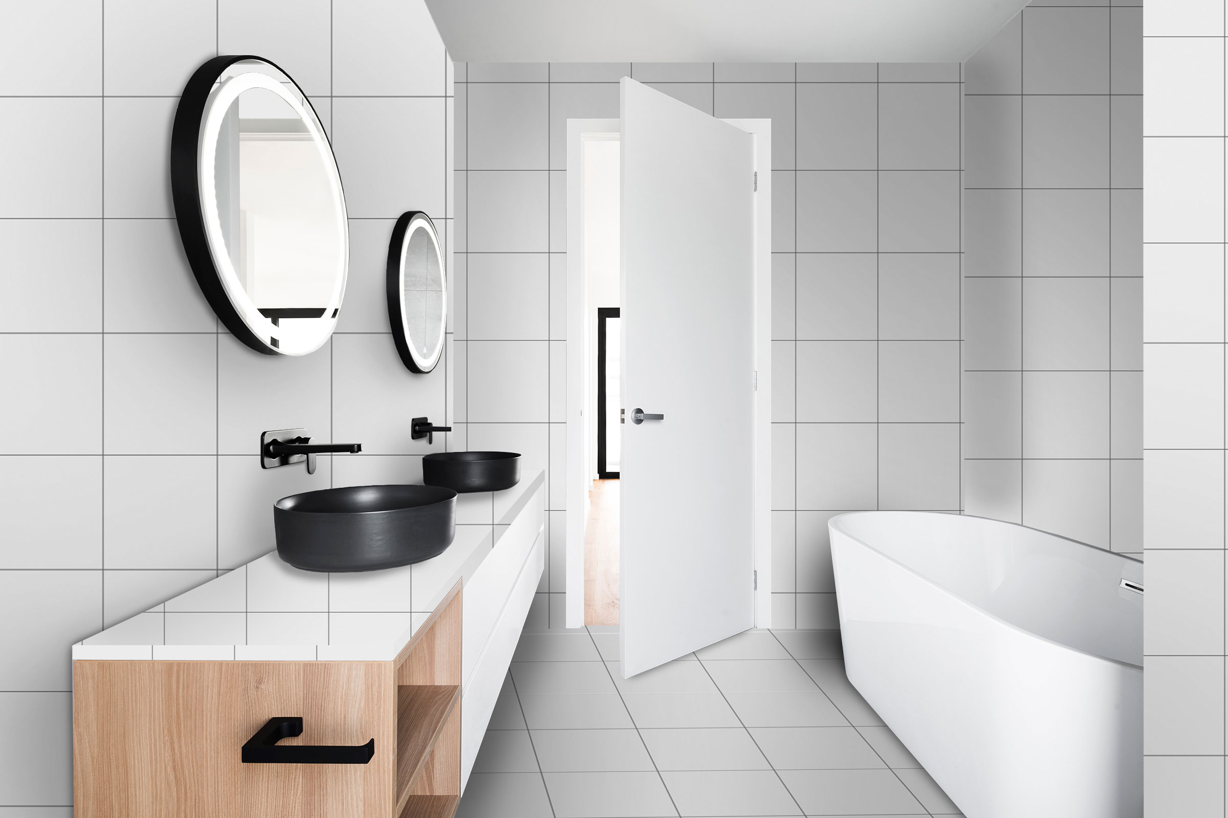Interior design for the bathroom: with our configurator, create examples of surfaces in our colors